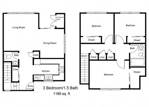 Floor plan for 3 beds, 2 baths, 1189 sqft